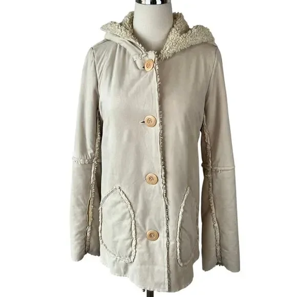 Vintage Y2K Faux Suede Faux Fur Sherpa Lined Jacket Button Up Hood size Medium - Picture 10 of 13